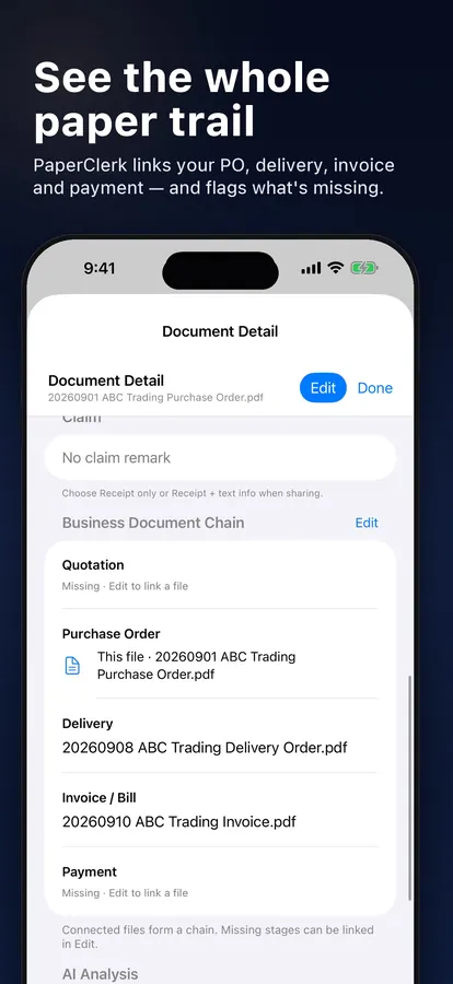 Business document chain linking quotation, invoice and payment